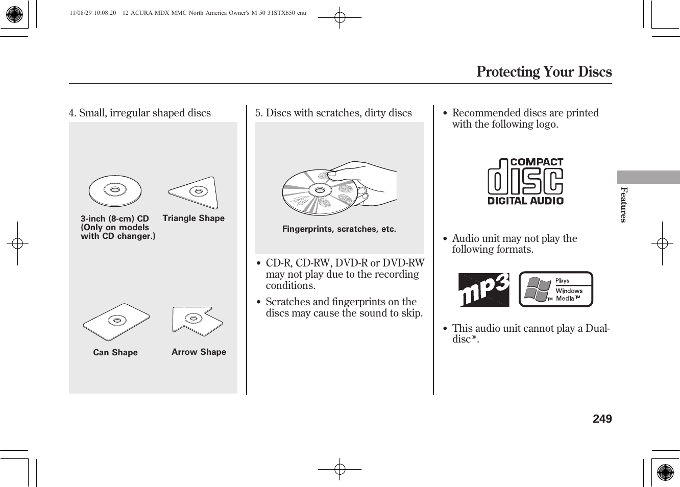 Protecting your discs | Acura 2012 MDX User Manual | Page 256 / 617