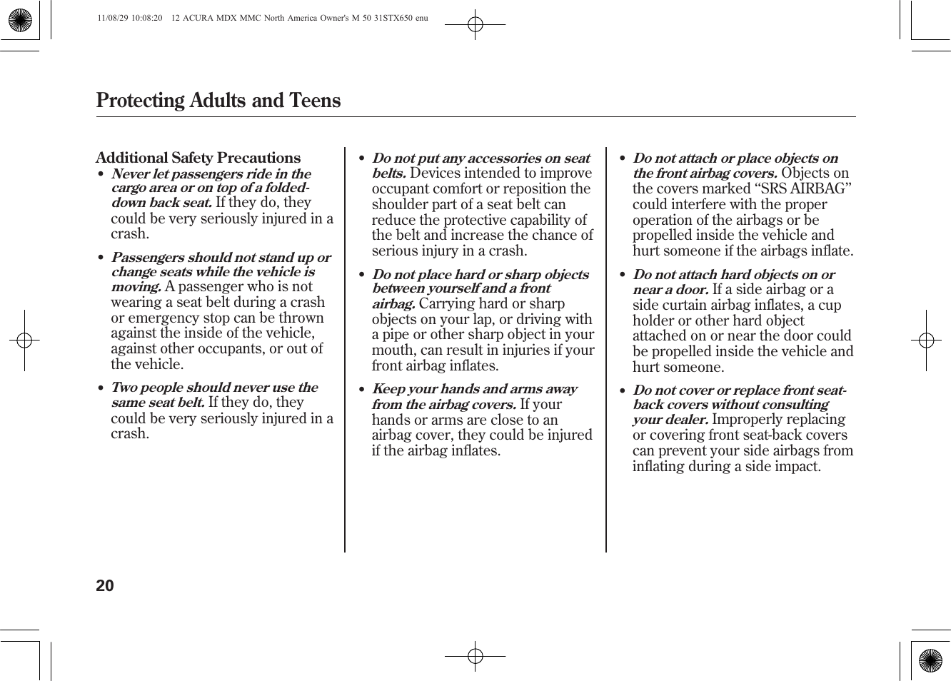 Protecting adults and teens | Acura 2012 MDX User Manual | Page 27 / 617