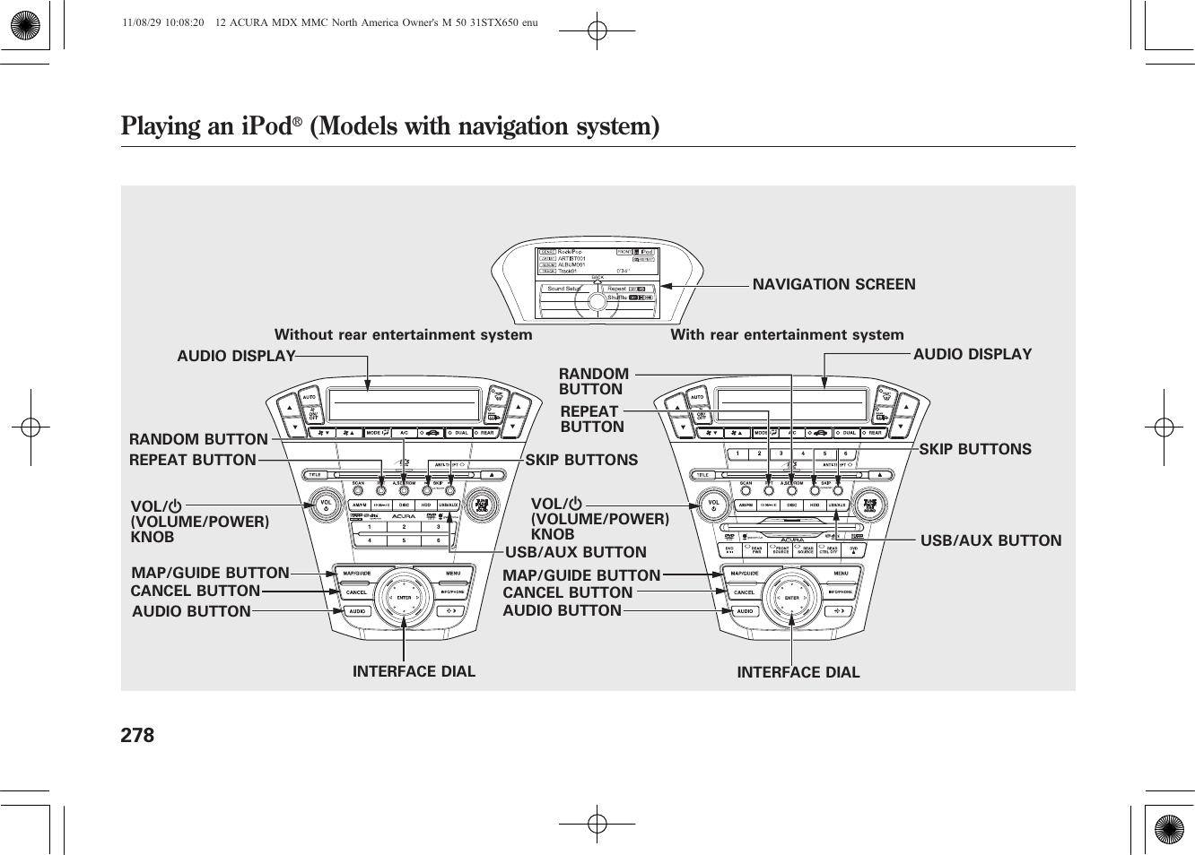 Playing an ipod, Models with navigation system) | Acura 2012 MDX User Manual | Page 285 / 617