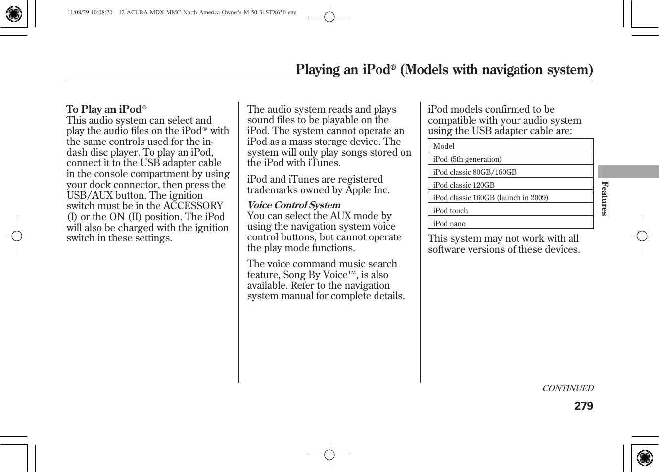 Playing an ipod, Models with navigation system) | Acura 2012 MDX User Manual | Page 286 / 617