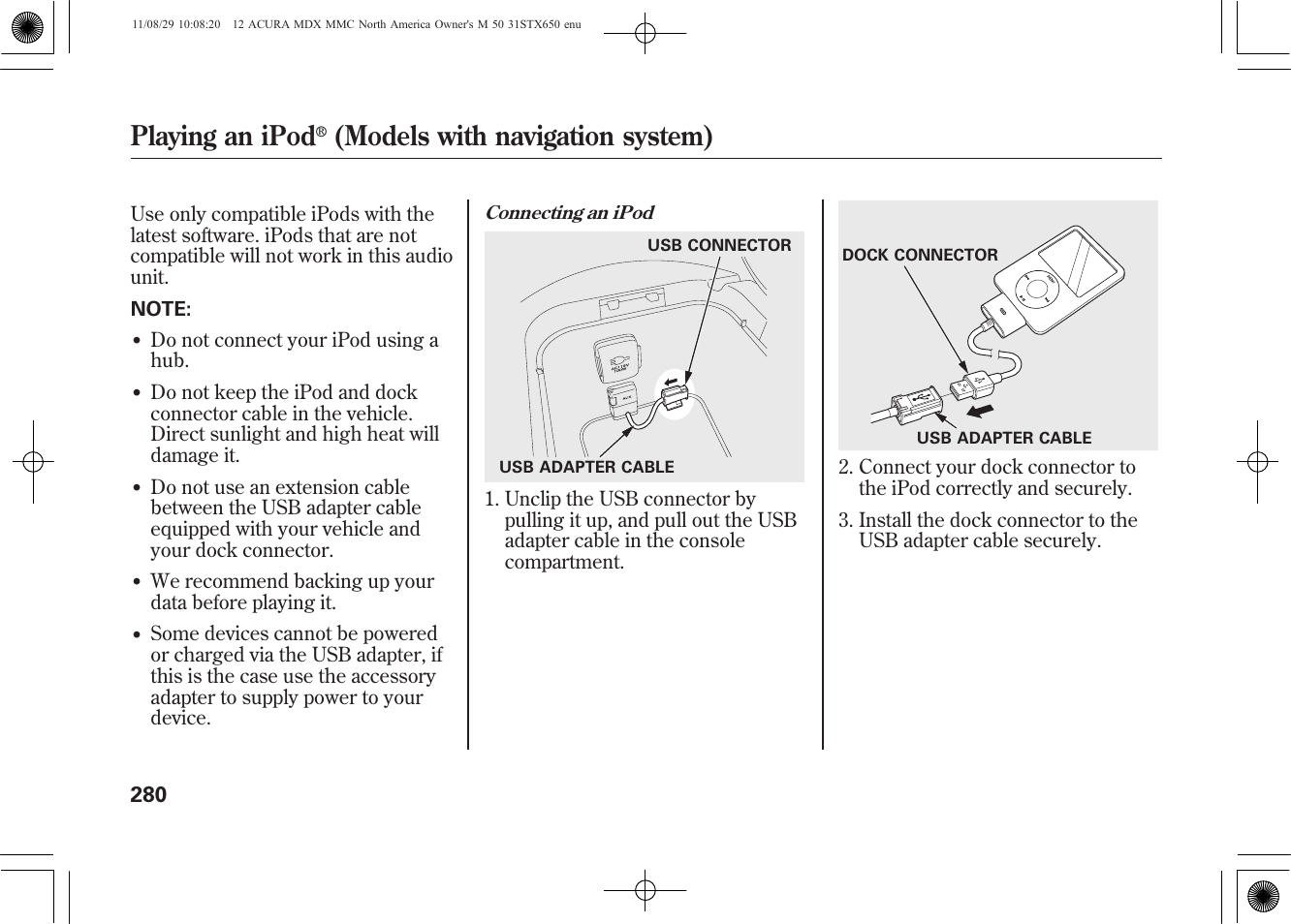 Playing an ipod, Models with navigation system) | Acura 2012 MDX User Manual | Page 287 / 617