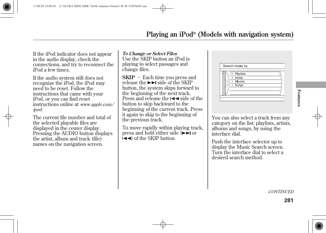 Playing an ipod, Models with navigation system) | Acura 2012 MDX User Manual | Page 288 / 617