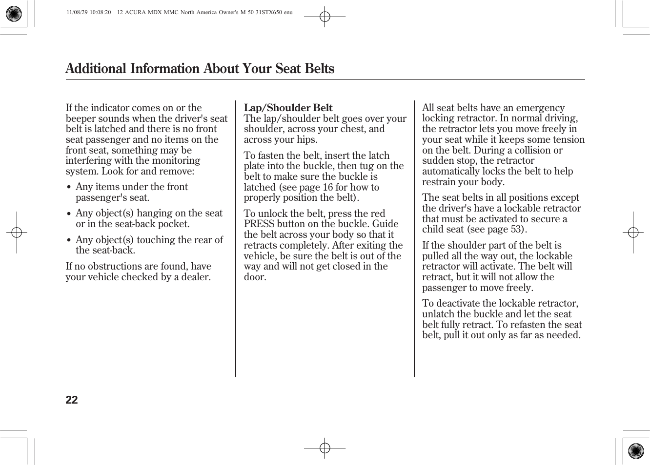 Additional information about your seat belts | Acura 2012 MDX User Manual | Page 29 / 617