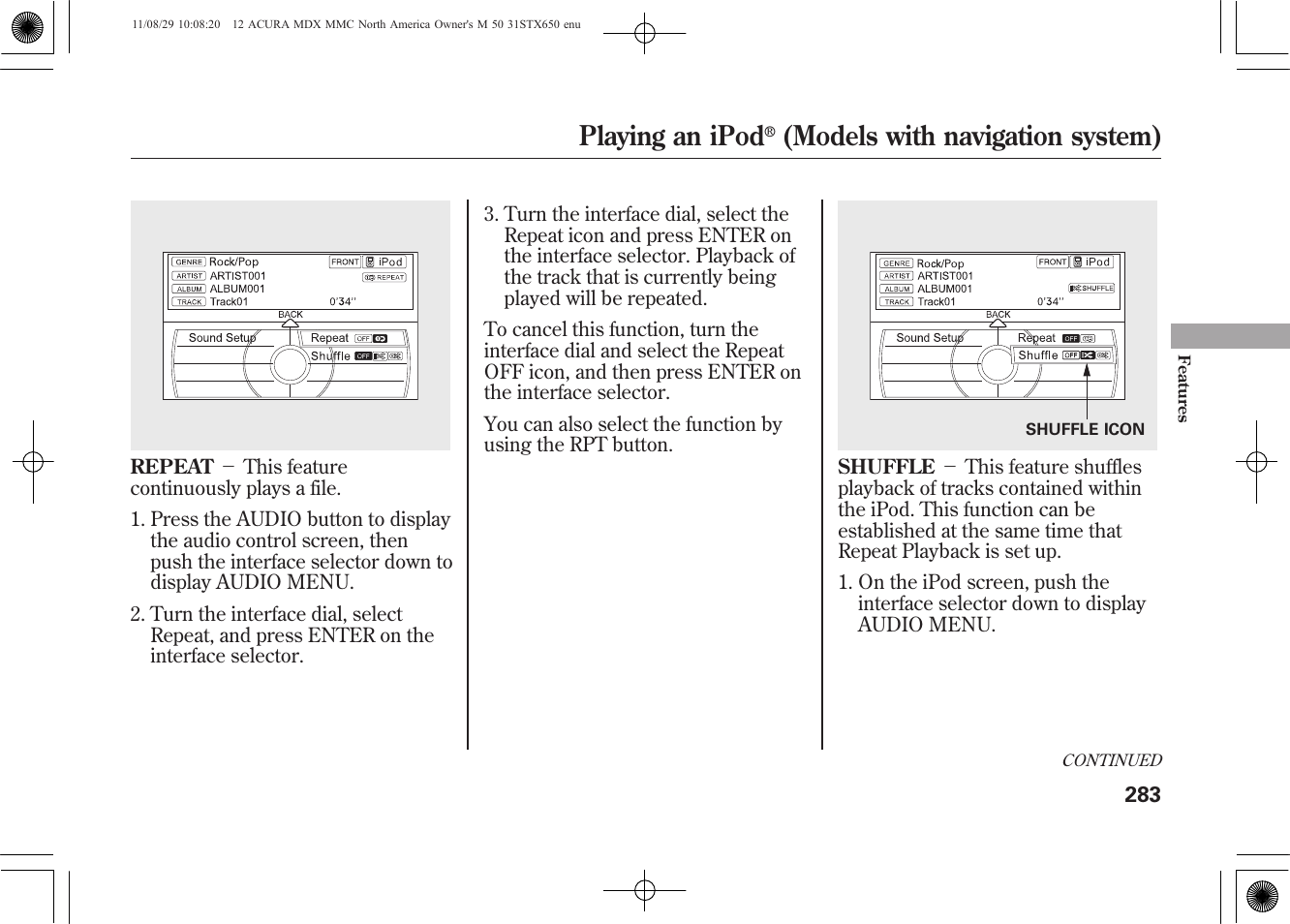 Playing an ipod, Models with navigation system) | Acura 2012 MDX User Manual | Page 290 / 617