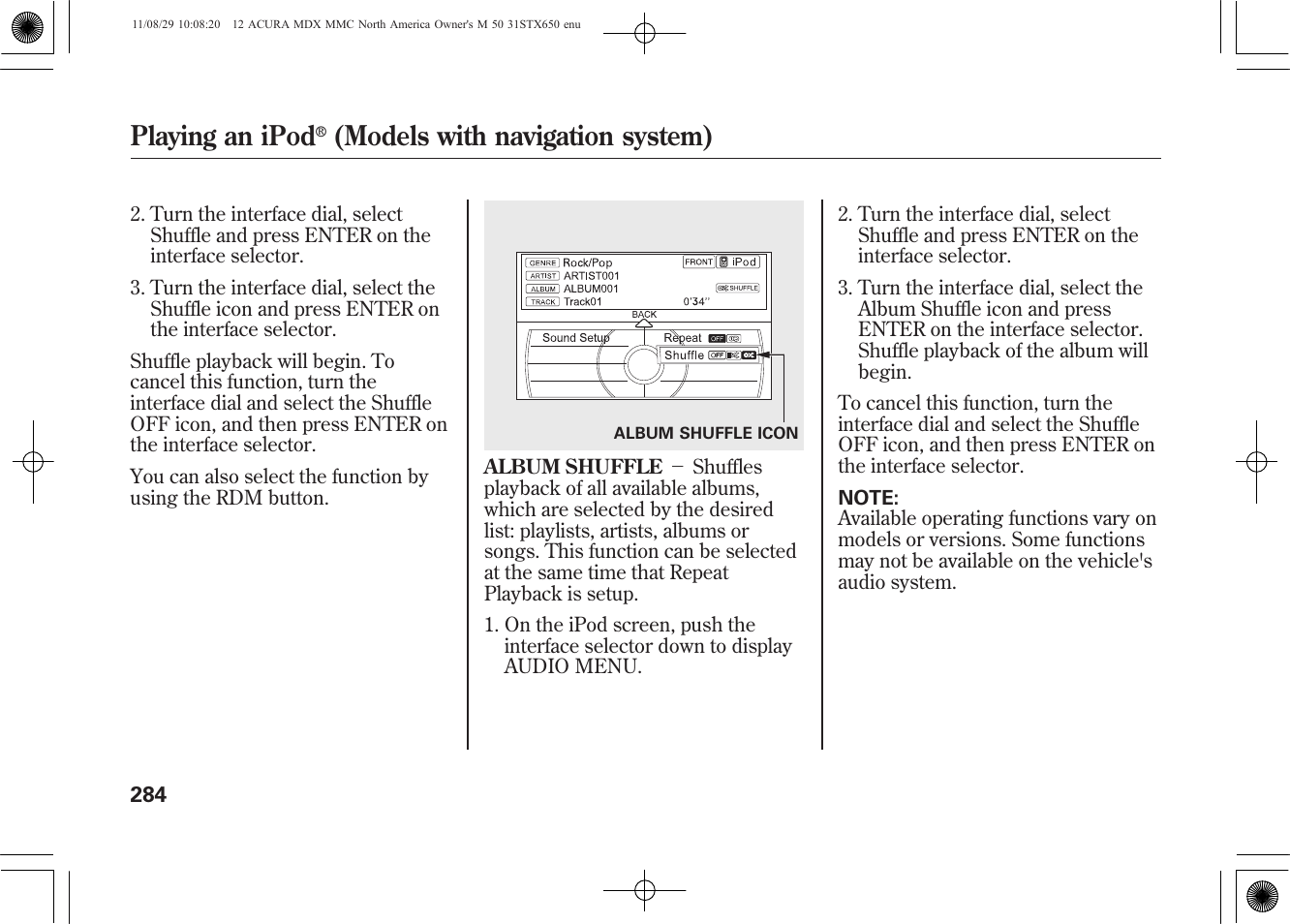 Playing an ipod, Models with navigation system) | Acura 2012 MDX User Manual | Page 291 / 617
