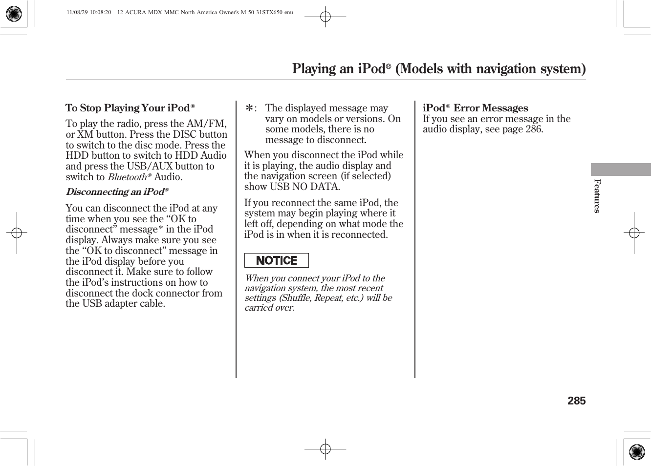 Playing an ipod, Models with navigation system) | Acura 2012 MDX User Manual | Page 292 / 617