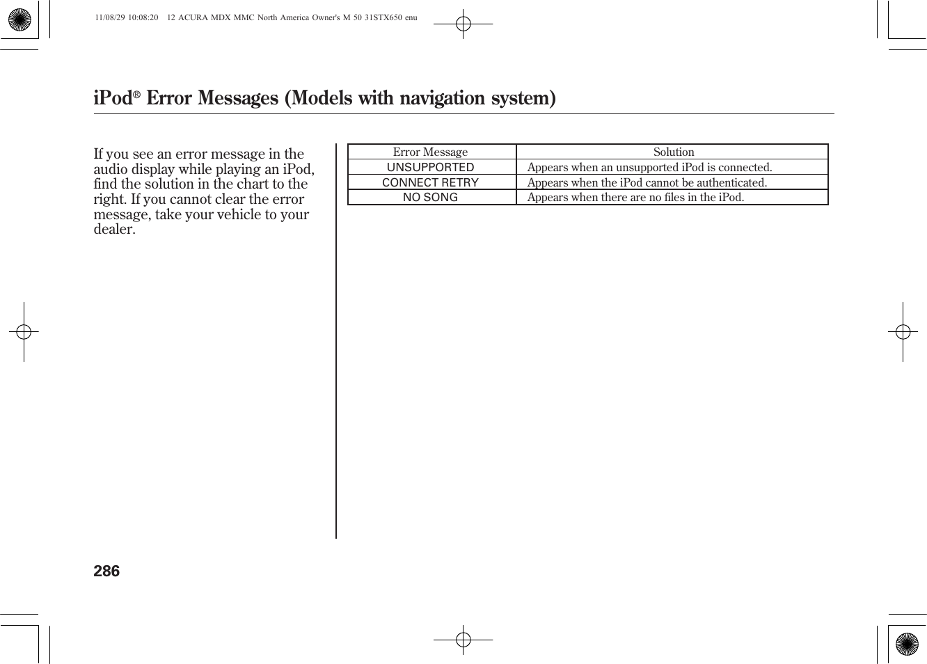 Ipod, Error messages (models with navigation system) | Acura 2012 MDX User Manual | Page 293 / 617