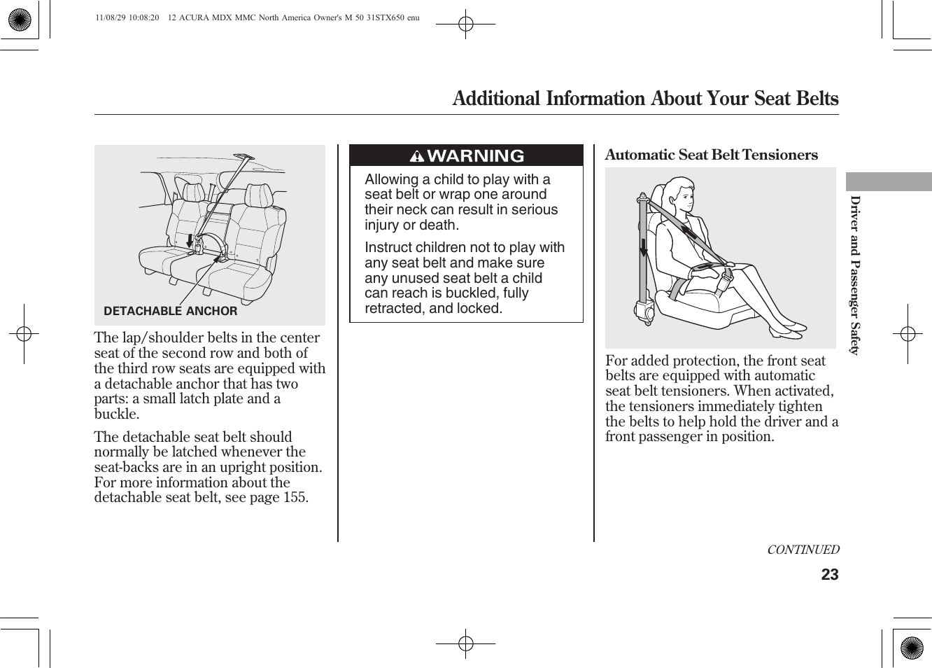 Additional information about your seat belts | Acura 2012 MDX User Manual | Page 30 / 617