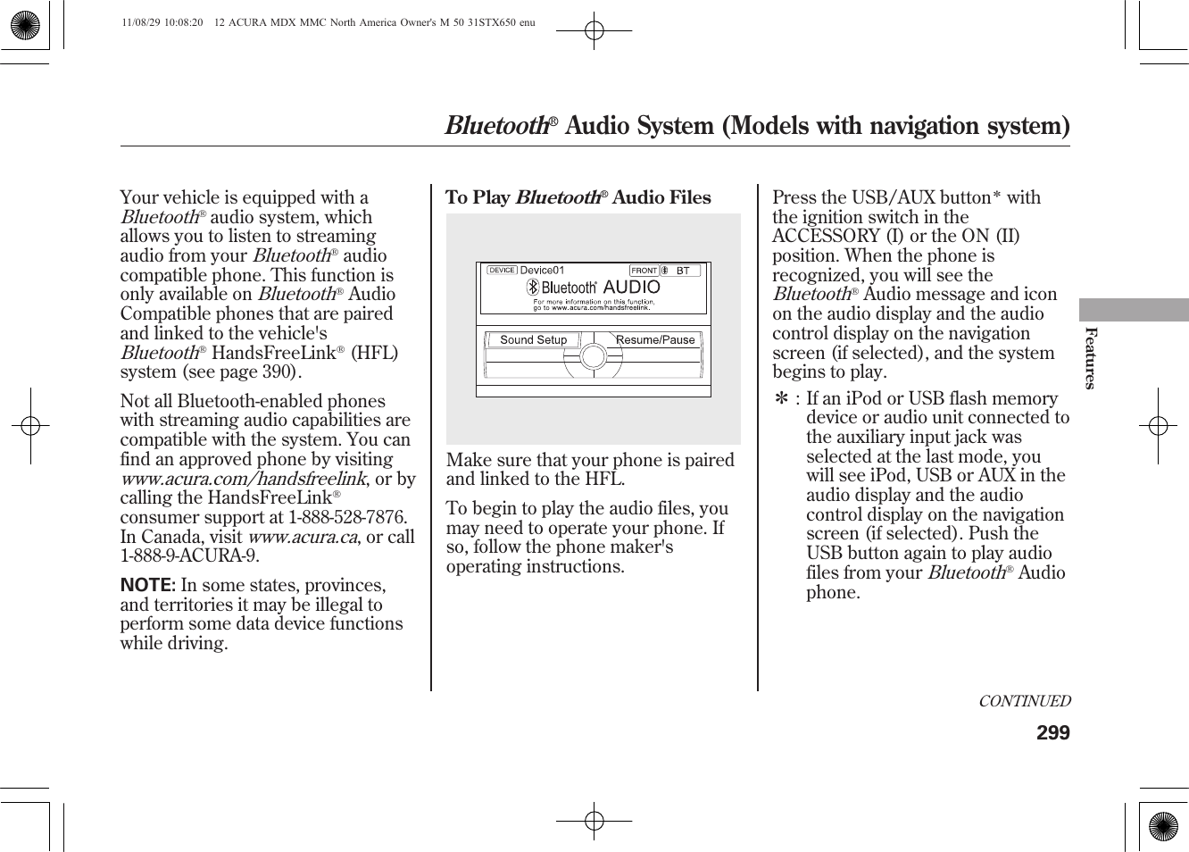 Bluetooth, Audio system (models with navigation system) | Acura 2012 MDX User Manual | Page 306 / 617