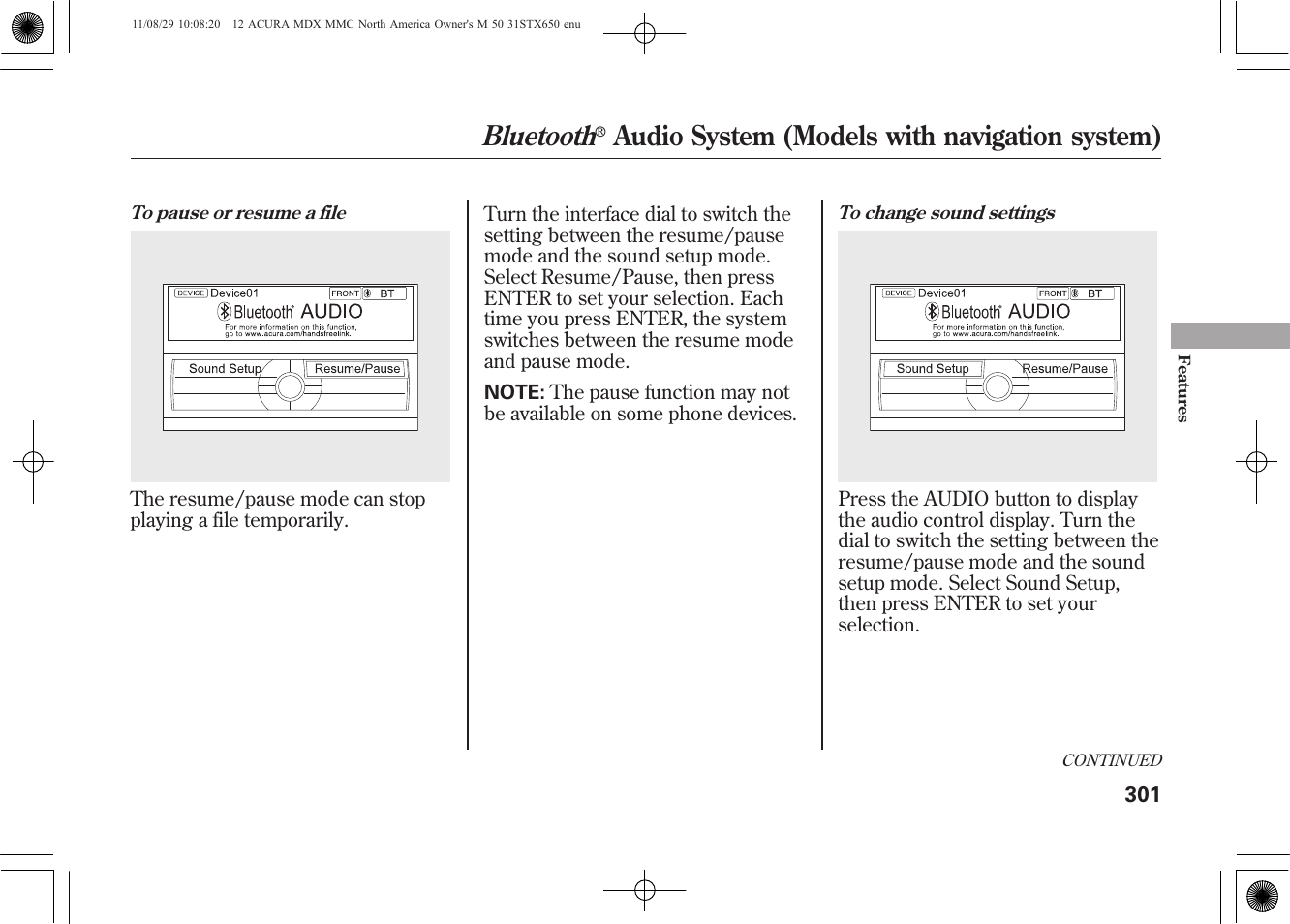 Bluetooth, Audio system (models with navigation system) | Acura 2012 MDX User Manual | Page 308 / 617