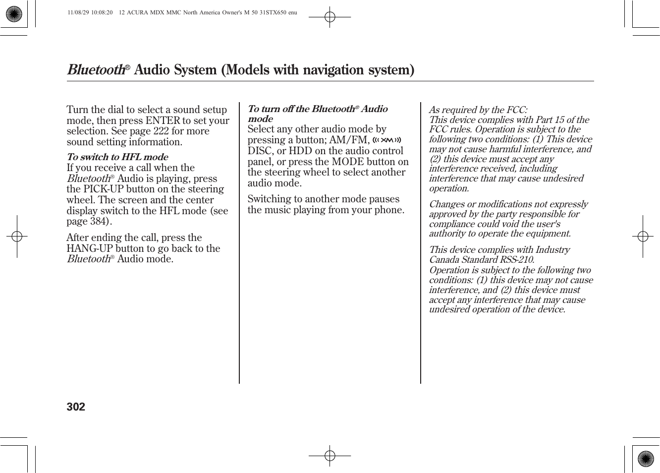 Bluetooth, Audio system (models with navigation system) | Acura 2012 MDX User Manual | Page 309 / 617