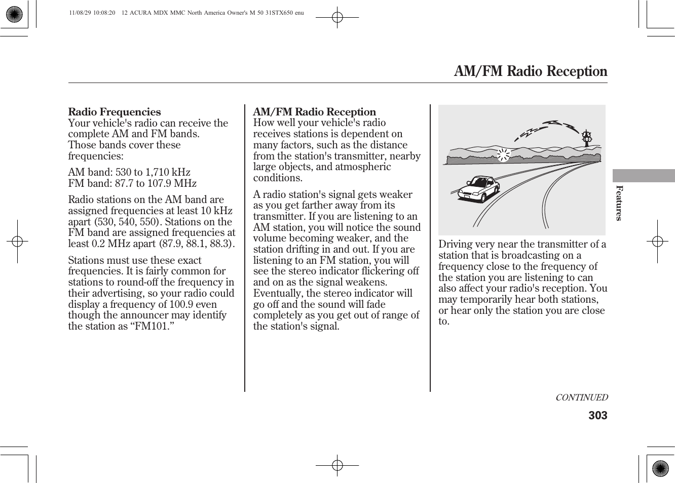 Am/fm radio reception | Acura 2012 MDX User Manual | Page 310 / 617