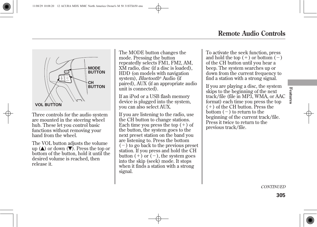 Remote audio controls | Acura 2012 MDX User Manual | Page 312 / 617
