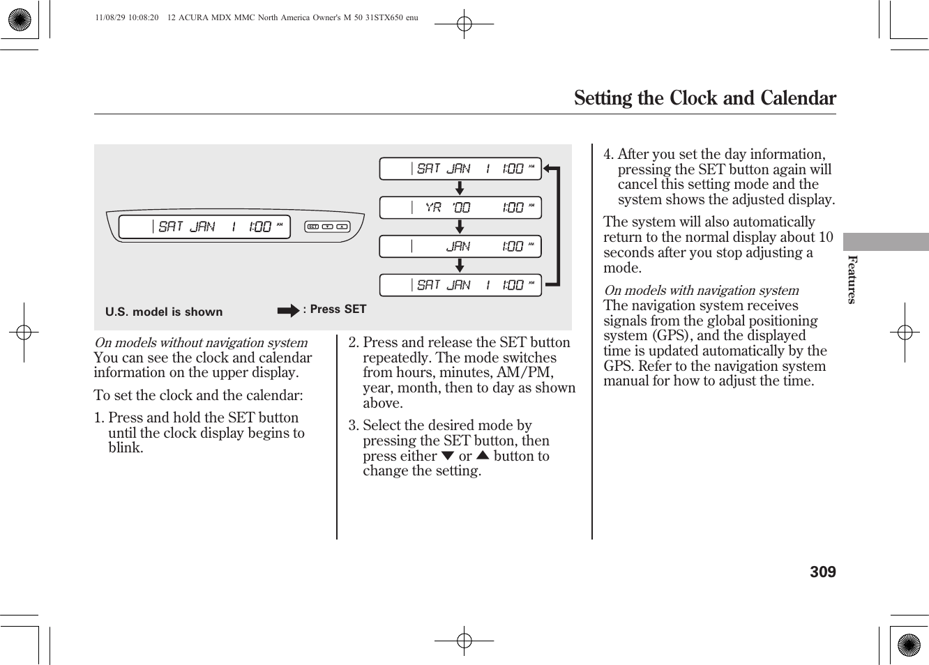 Setting the clock and calendar | Acura 2012 MDX User Manual | Page 316 / 617