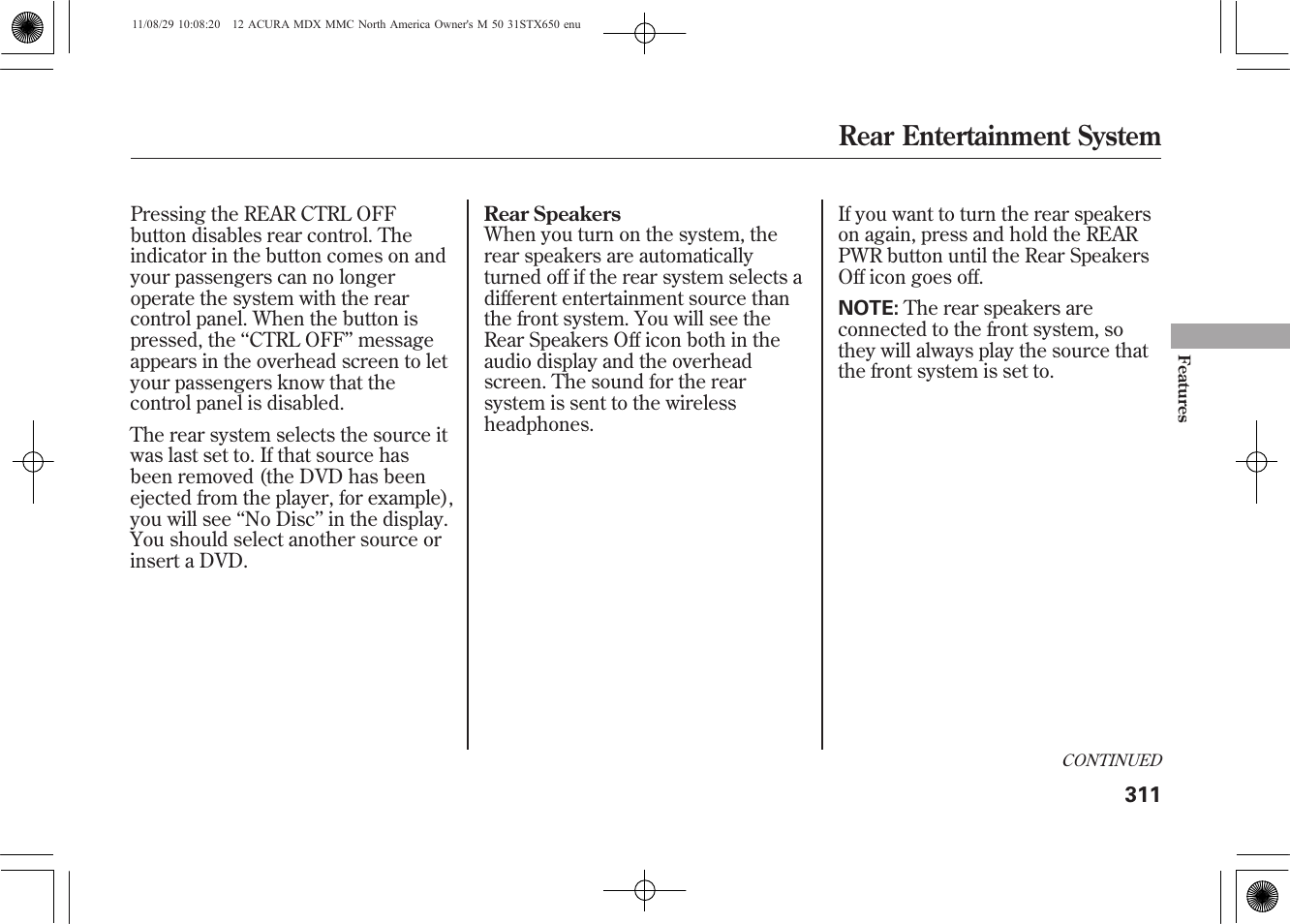 Rear entertainment system | Acura 2012 MDX User Manual | Page 318 / 617