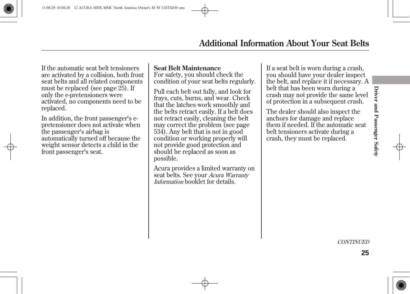 Additional information about your seat belts | Acura 2012 MDX User Manual | Page 32 / 617