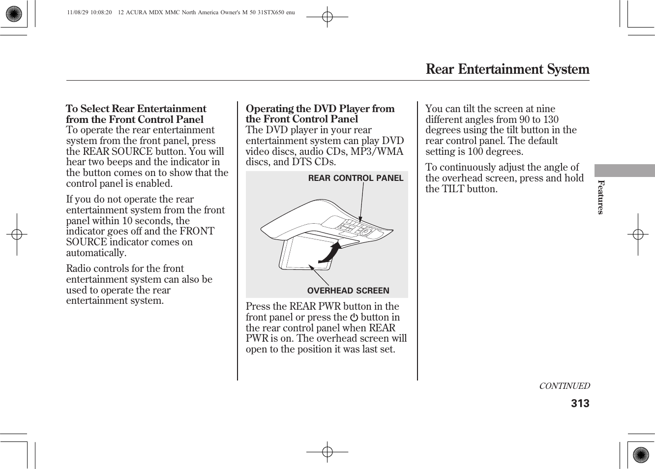 Rear entertainment system | Acura 2012 MDX User Manual | Page 320 / 617