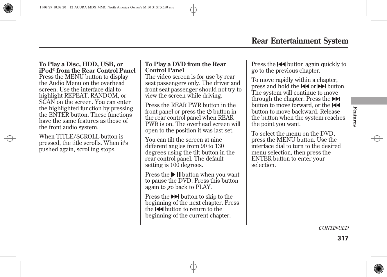 Rear entertainment system | Acura 2012 MDX User Manual | Page 324 / 617