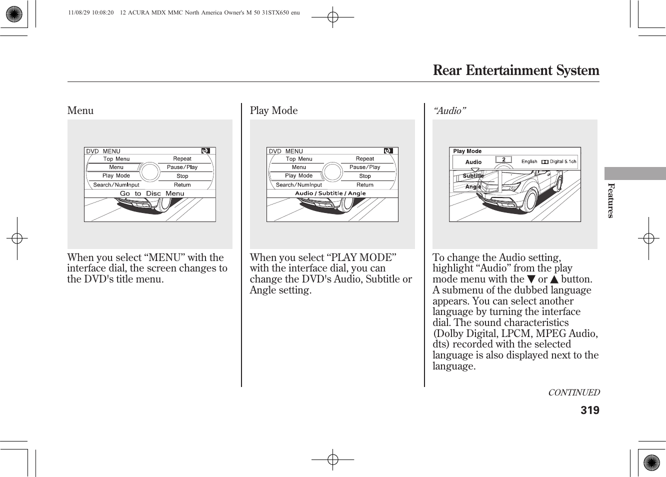 Rear entertainment system | Acura 2012 MDX User Manual | Page 326 / 617
