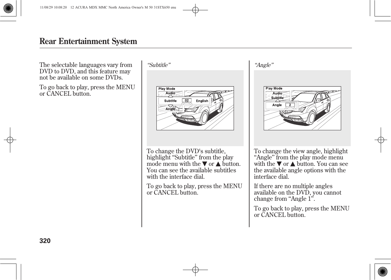 Rear entertainment system | Acura 2012 MDX User Manual | Page 327 / 617