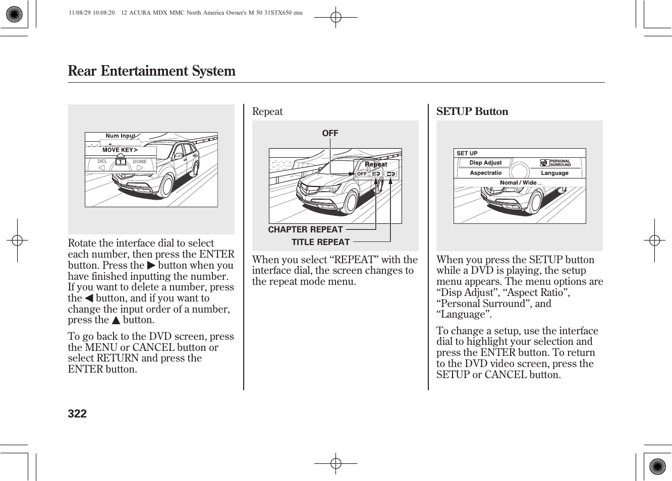 Rear entertainment system | Acura 2012 MDX User Manual | Page 329 / 617