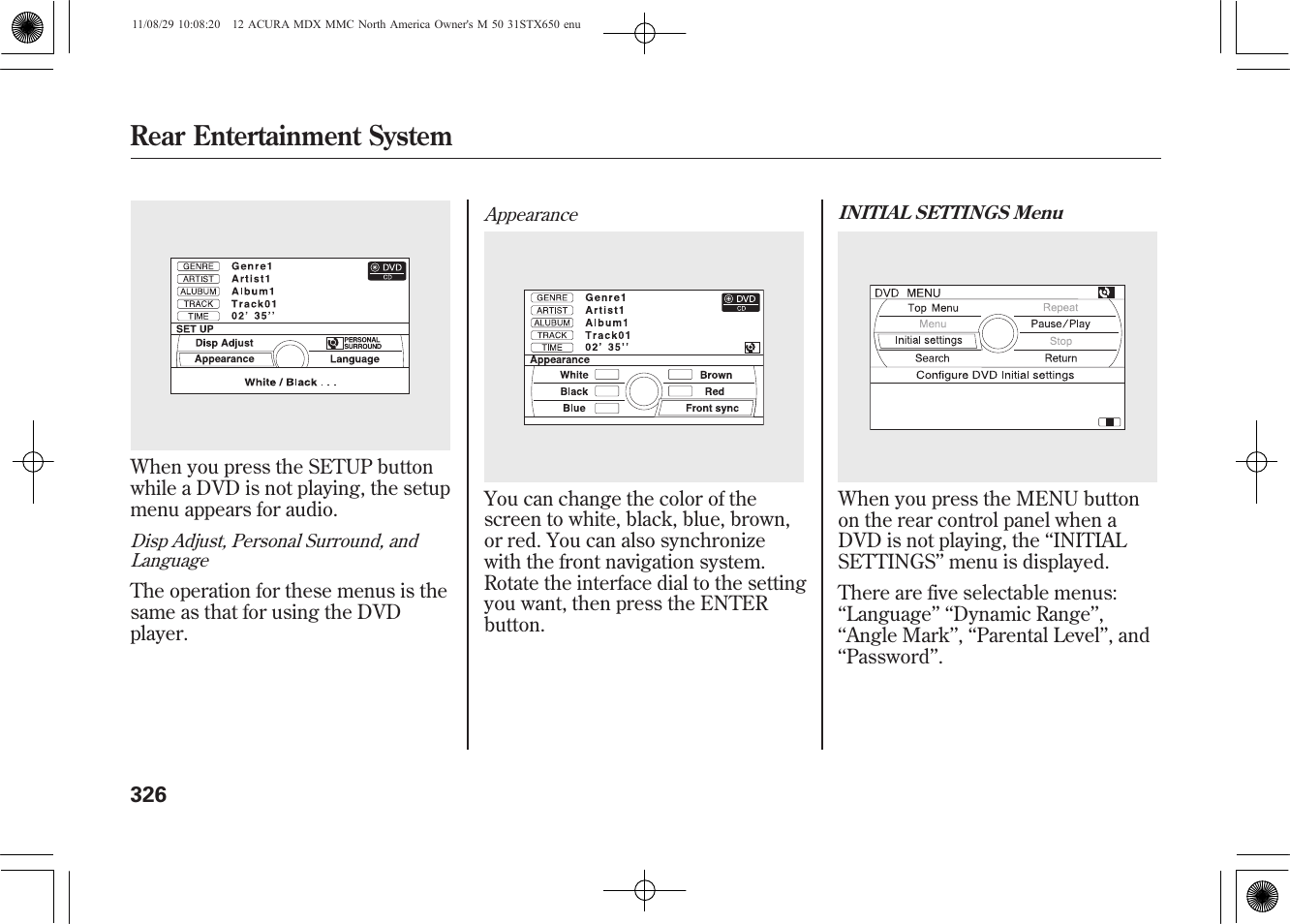 Rear entertainment system | Acura 2012 MDX User Manual | Page 333 / 617