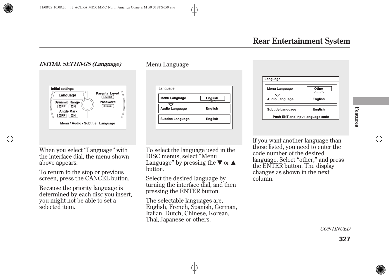 Rear entertainment system | Acura 2012 MDX User Manual | Page 334 / 617