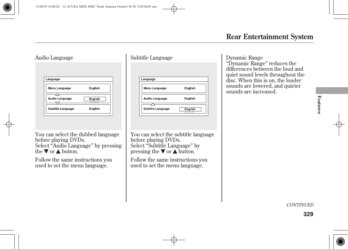 Rear entertainment system | Acura 2012 MDX User Manual | Page 336 / 617