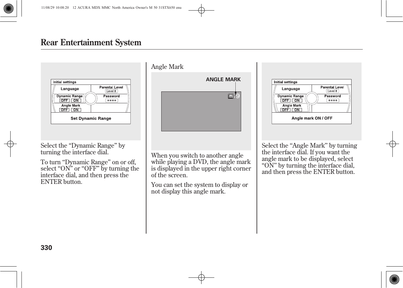 Rear entertainment system | Acura 2012 MDX User Manual | Page 337 / 617