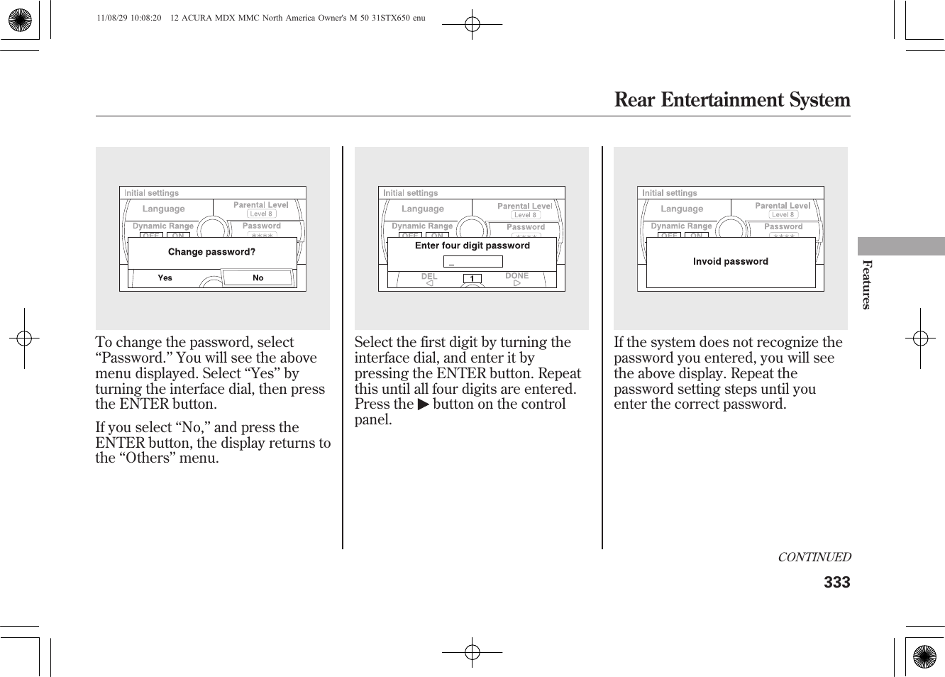 Rear entertainment system | Acura 2012 MDX User Manual | Page 340 / 617