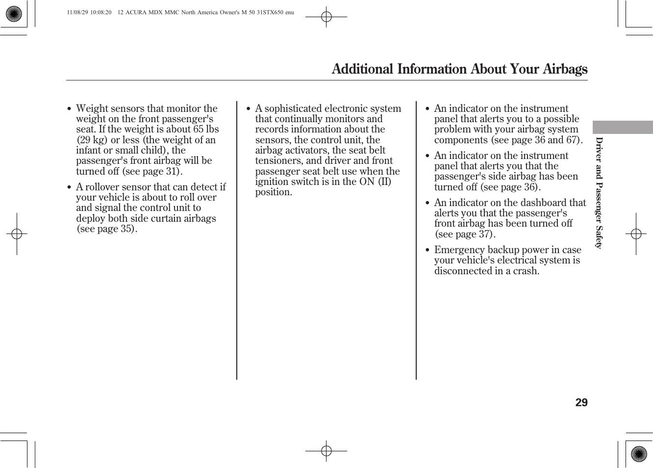 Additional information about your airbags | Acura 2012 MDX User Manual | Page 36 / 617