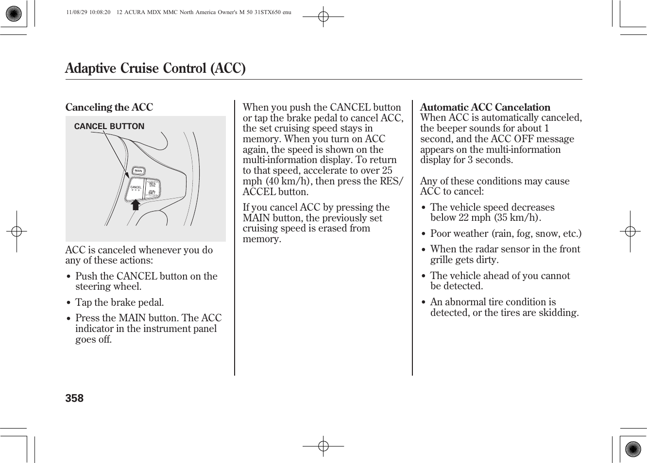 Adaptive cruise control (acc) | Acura 2012 MDX User Manual | Page 365 / 617