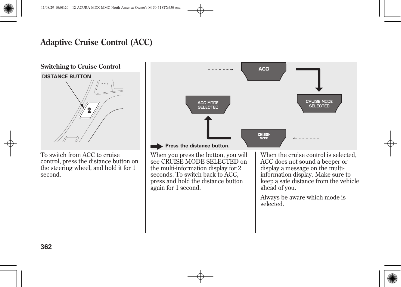Adaptive cruise control (acc) | Acura 2012 MDX User Manual | Page 369 / 617
