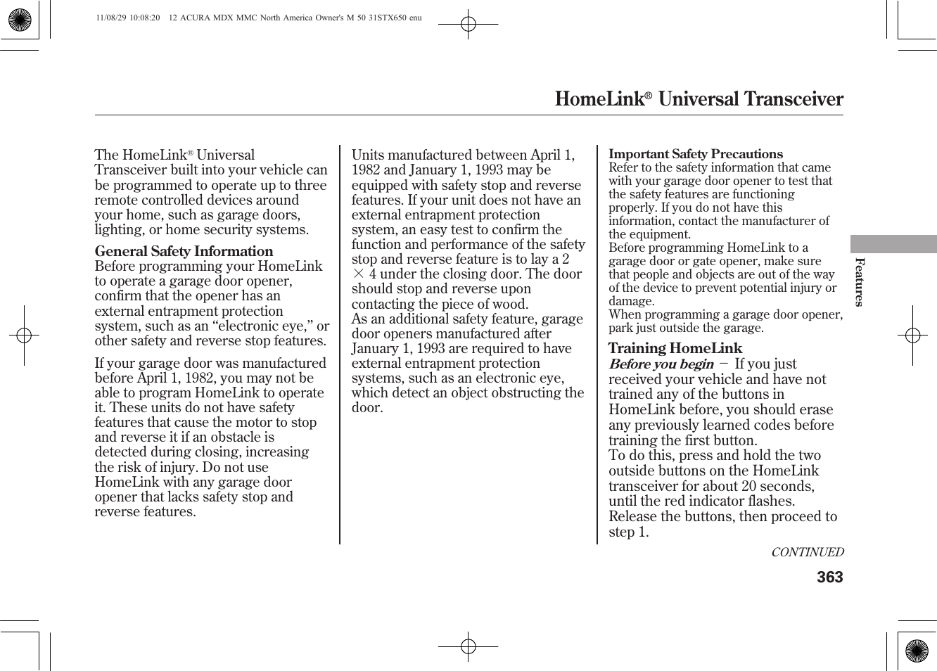 Homelink, Universal transceiver | Acura 2012 MDX User Manual | Page 370 / 617