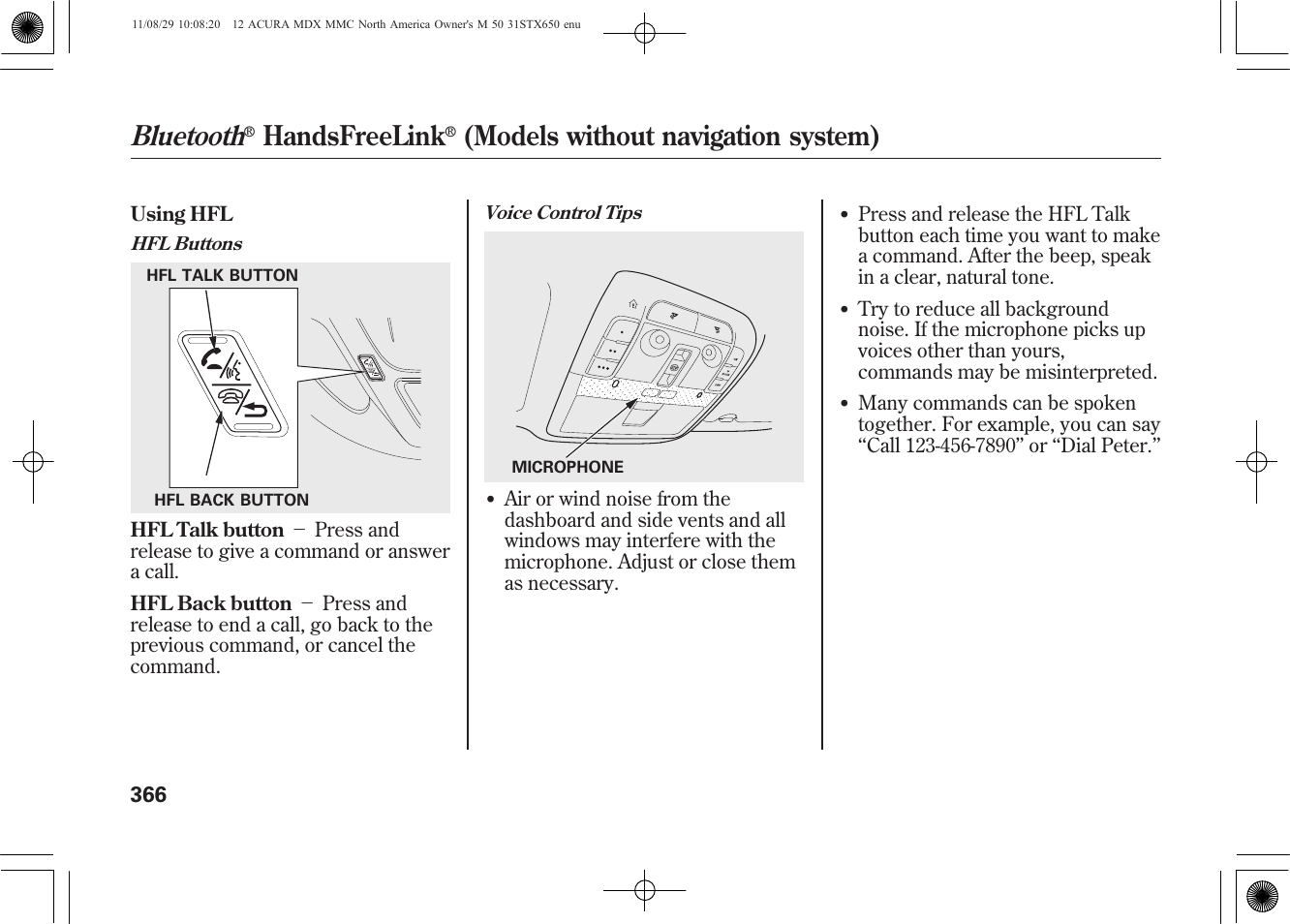 Bluetooth, Handsfreelink, Models without navigation system) | Acura 2012 MDX User Manual | Page 373 / 617