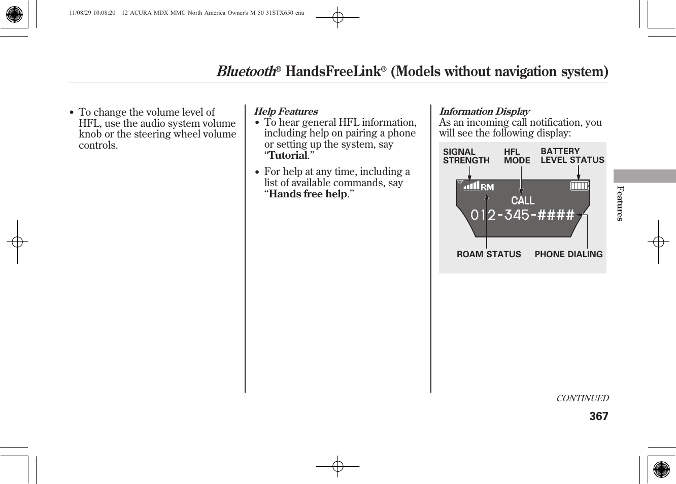 Bluetooth, Handsfreelink, Models without navigation system) | Acura 2012 MDX User Manual | Page 374 / 617