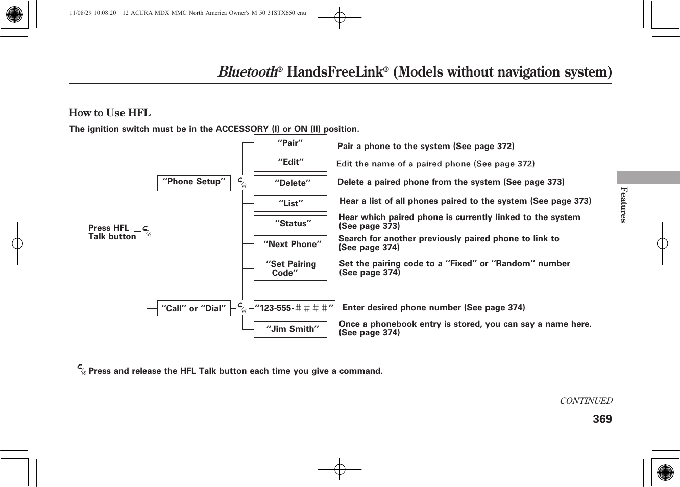 Bluetooth, Handsfreelink, Models without navigation system) | Acura 2012 MDX User Manual | Page 376 / 617