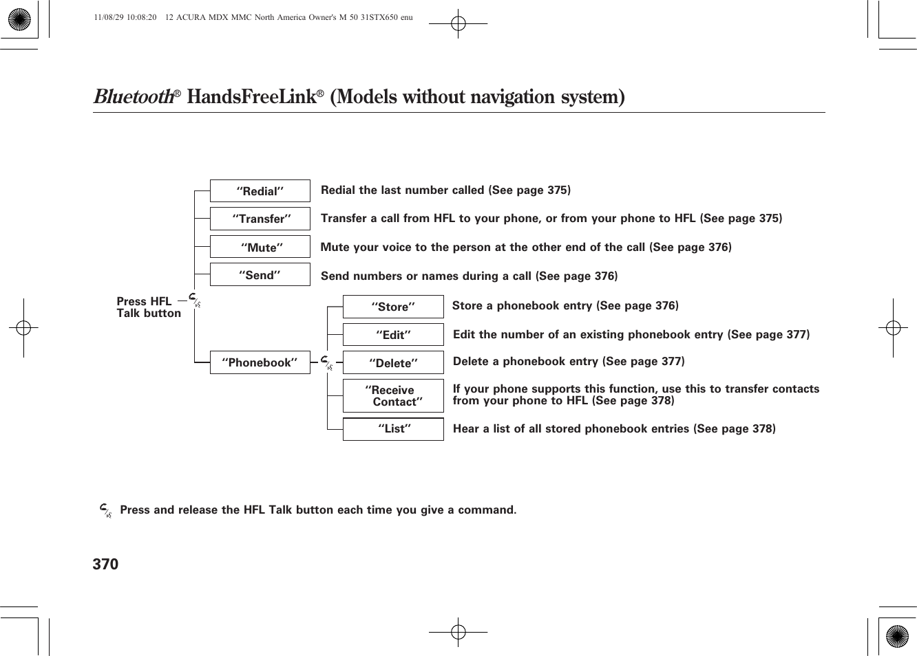 Bluetooth, Handsfreelink, Models without navigation system) | Acura 2012 MDX User Manual | Page 377 / 617
