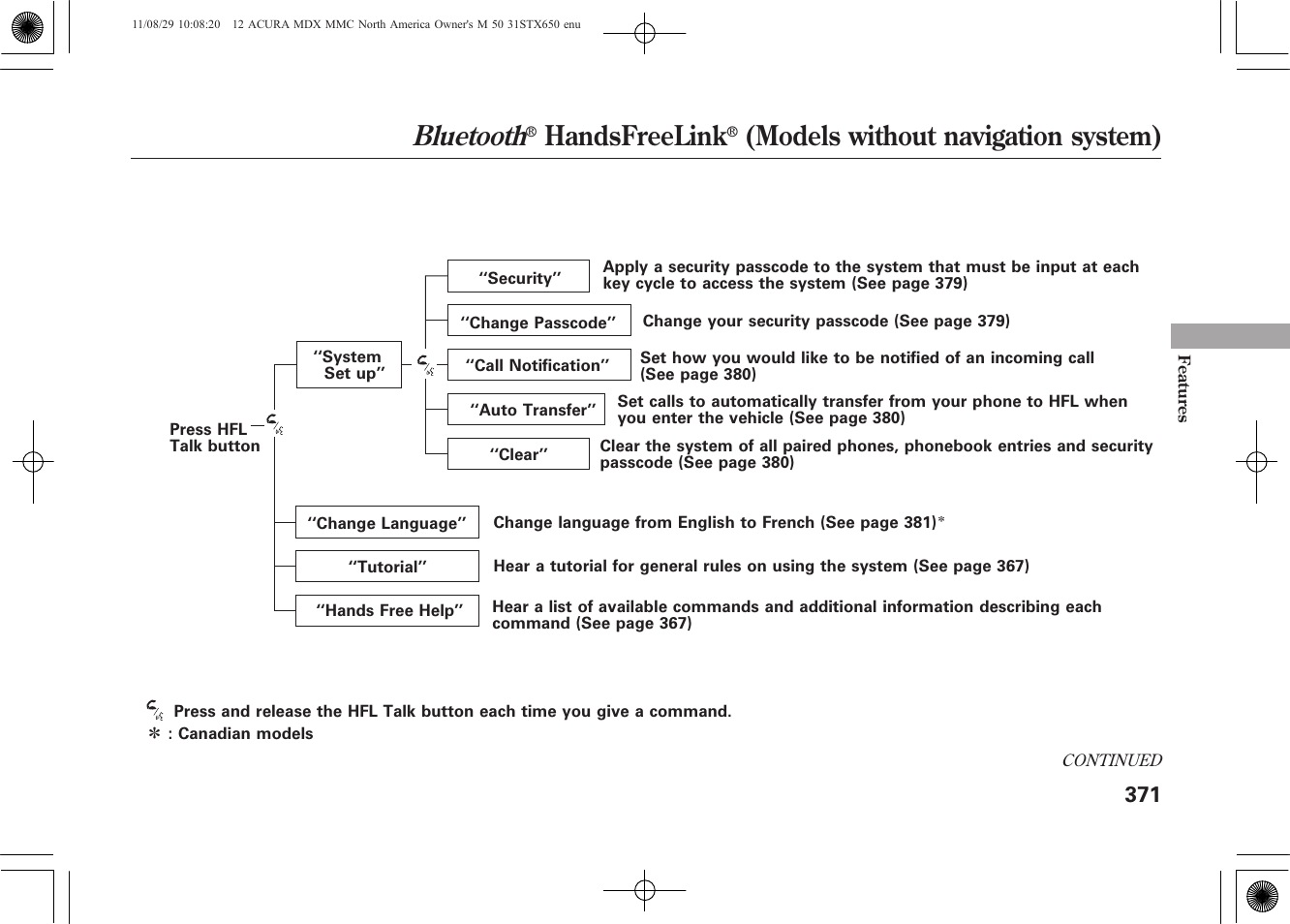 Bluetooth, Handsfreelink, Models without navigation system) | Acura 2012 MDX User Manual | Page 378 / 617