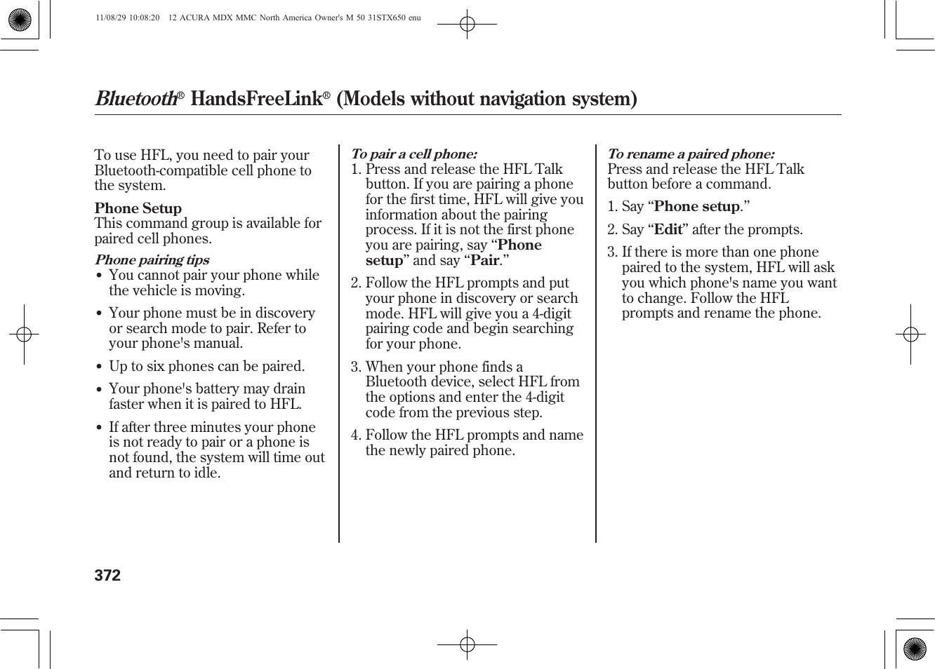 Bluetooth, Handsfreelink, Models without navigation system) | Acura 2012 MDX User Manual | Page 379 / 617