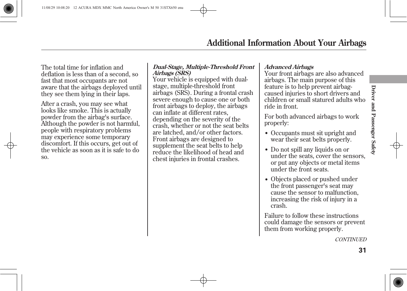 Additional information about your airbags | Acura 2012 MDX User Manual | Page 38 / 617