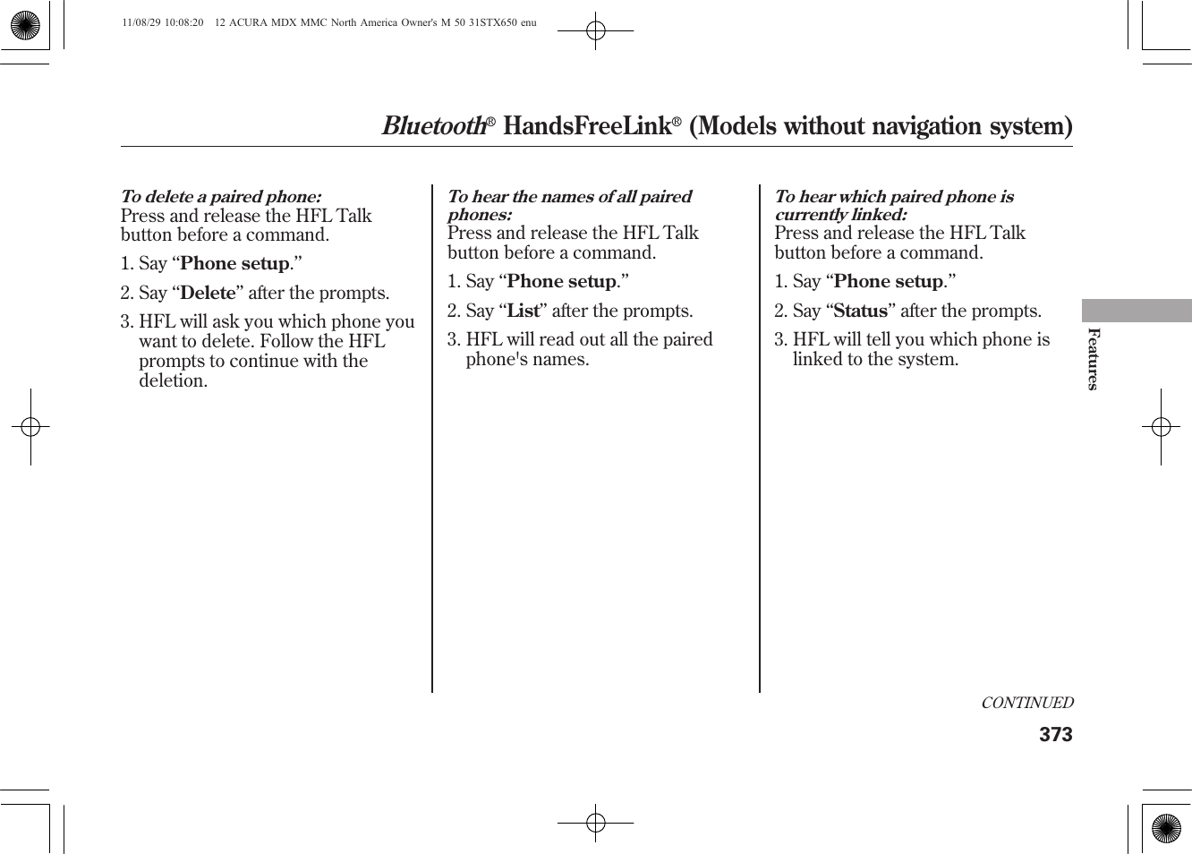 Bluetooth, Handsfreelink, Models without navigation system) | Acura 2012 MDX User Manual | Page 380 / 617