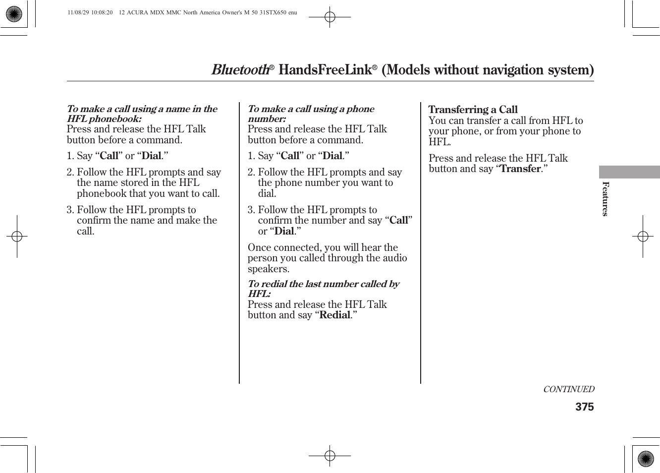 Bluetooth, Handsfreelink, Models without navigation system) | Acura 2012 MDX User Manual | Page 382 / 617
