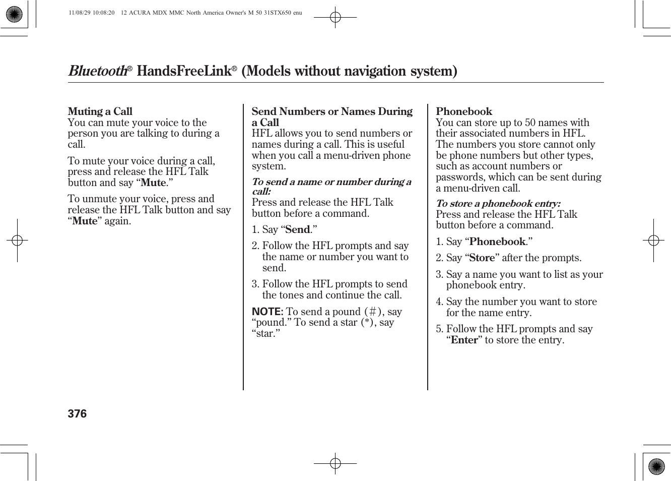 Bluetooth, Handsfreelink, Models without navigation system) | Acura 2012 MDX User Manual | Page 383 / 617