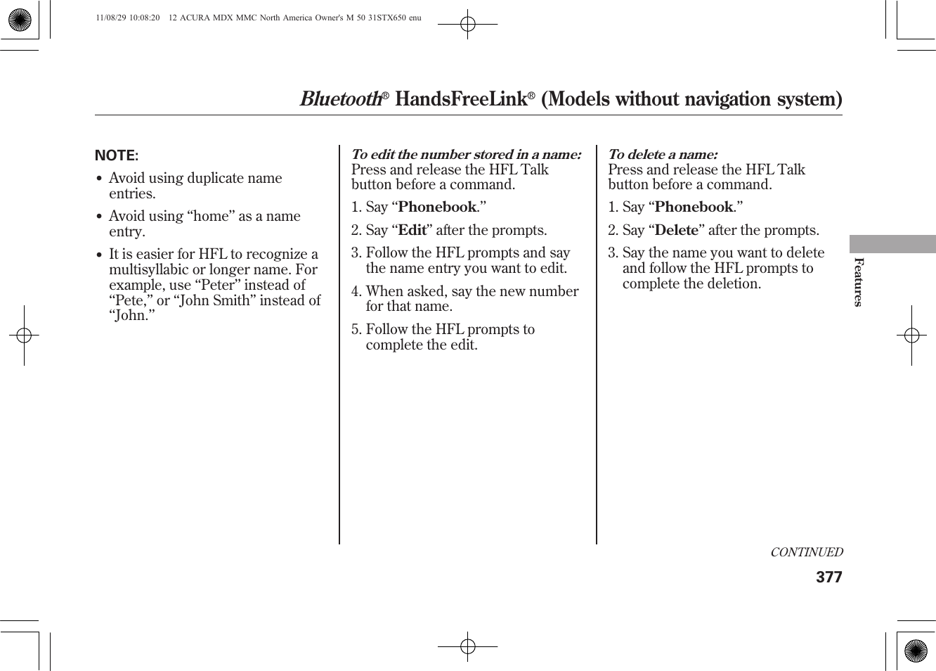 Bluetooth, Handsfreelink, Models without navigation system) | Acura 2012 MDX User Manual | Page 384 / 617