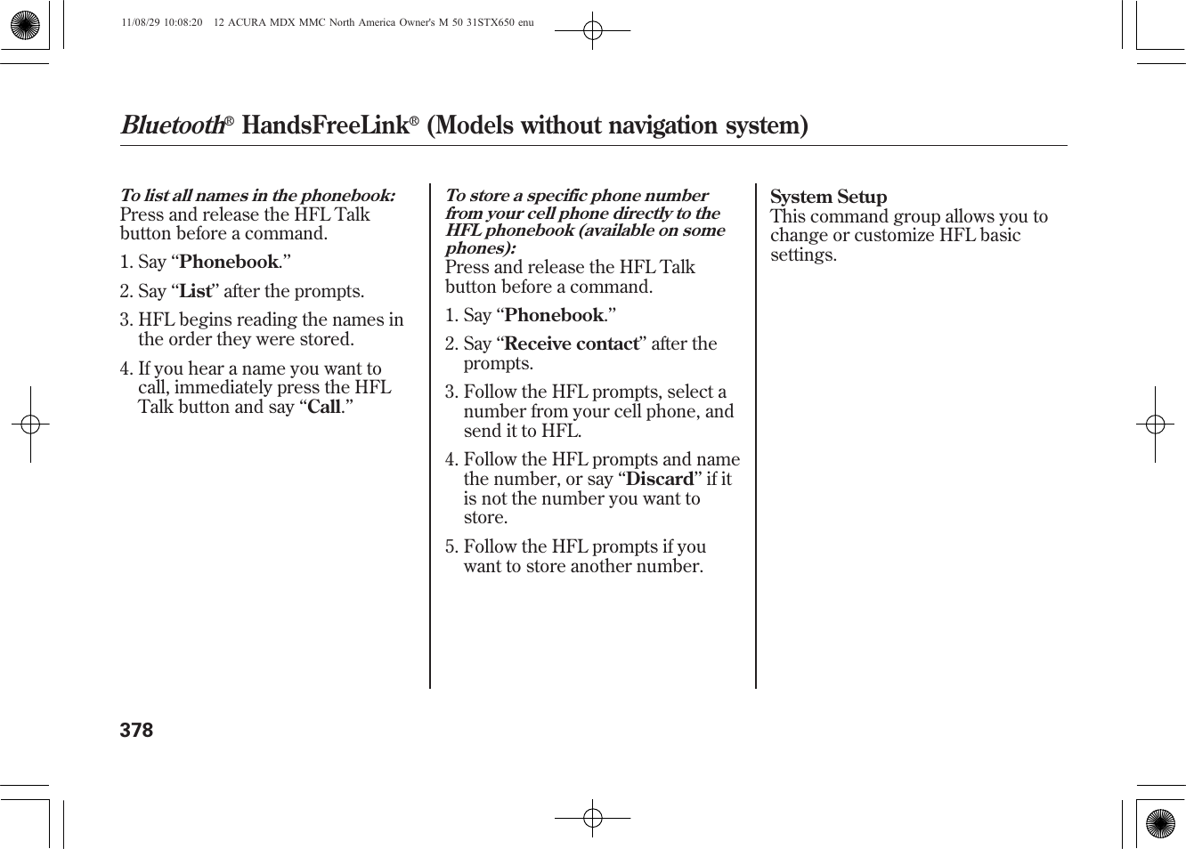 Bluetooth, Handsfreelink, Models without navigation system) | Acura 2012 MDX User Manual | Page 385 / 617