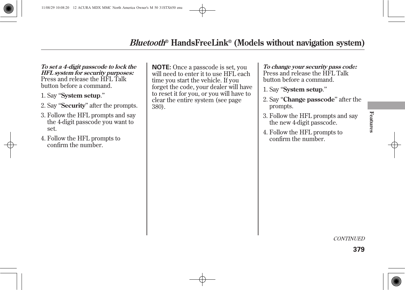 Bluetooth, Handsfreelink, Models without navigation system) | Acura 2012 MDX User Manual | Page 386 / 617