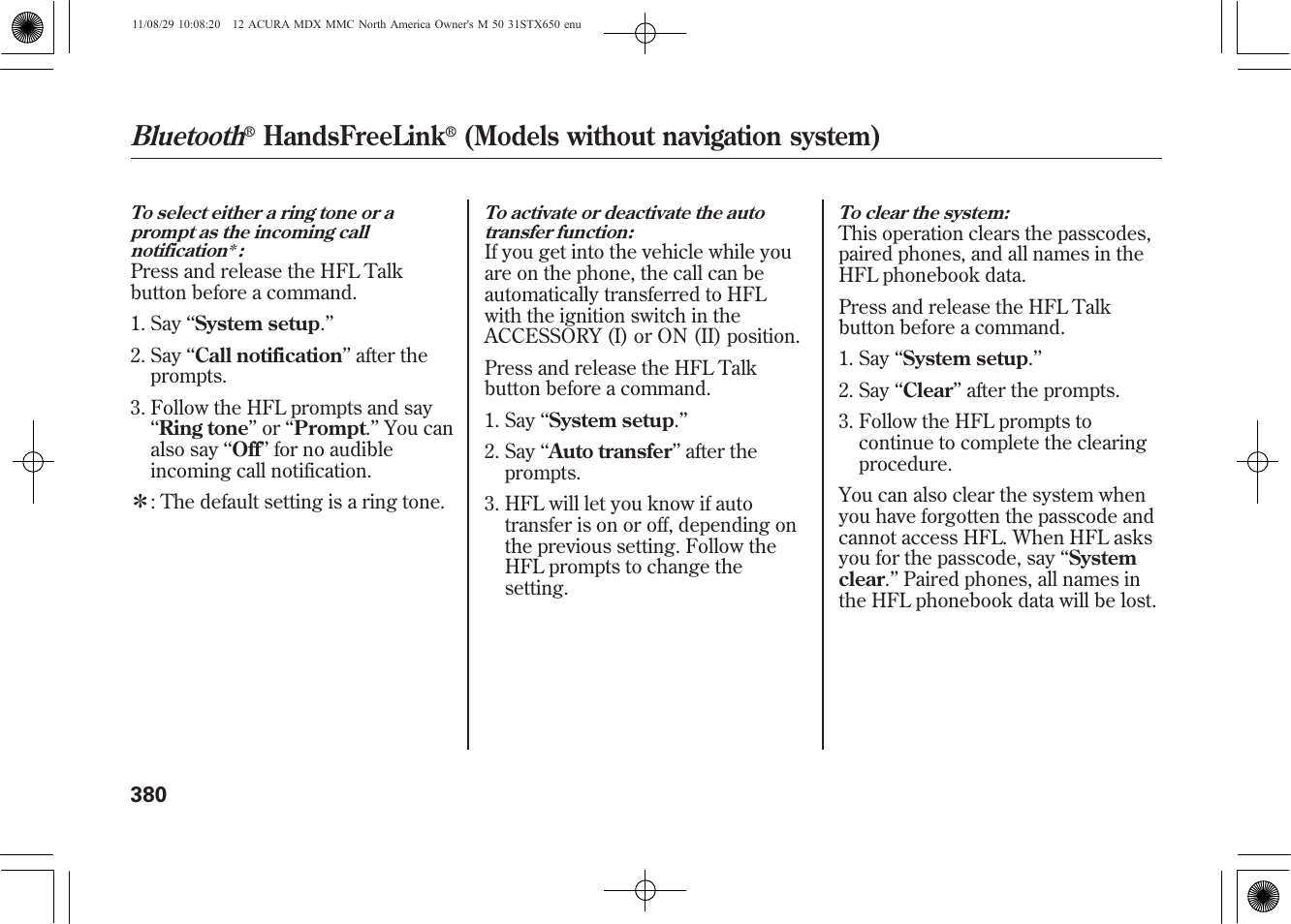 Bluetooth, Handsfreelink, Models without navigation system) | Acura 2012 MDX User Manual | Page 387 / 617