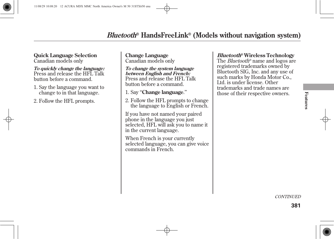 Bluetooth, Handsfreelink, Models without navigation system) | Acura 2012 MDX User Manual | Page 388 / 617