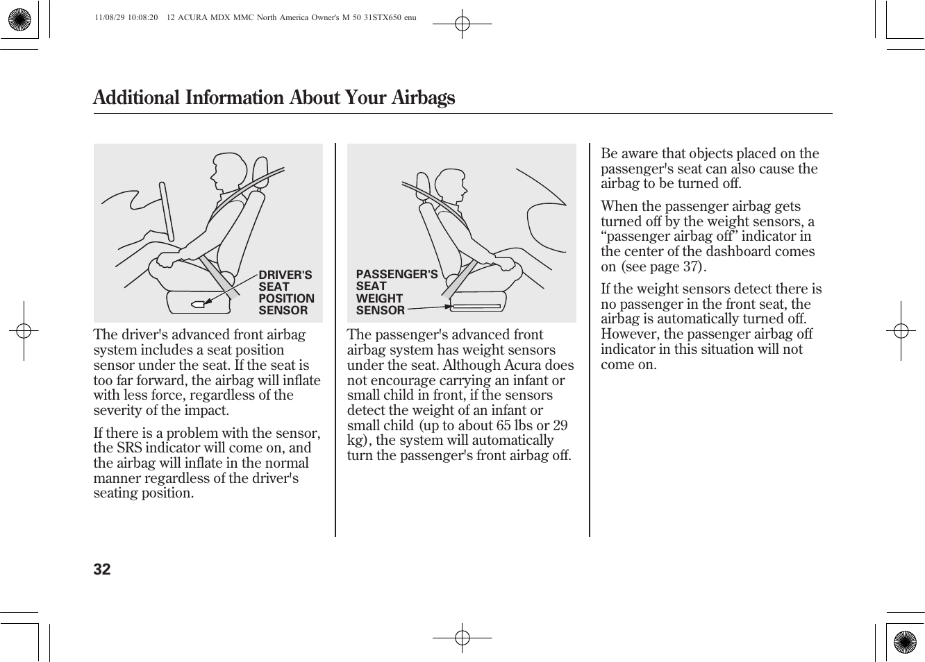 Additional information about your airbags | Acura 2012 MDX User Manual | Page 39 / 617